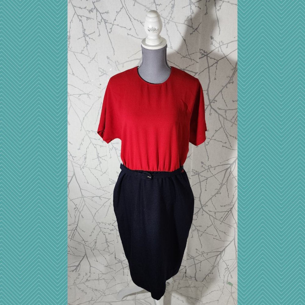 D'Allairds VTG Red & Navy Colorblock Belted Sheath Dress
